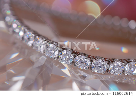 Stunning Diamond Tennis Necklace Displayed in jewelry store. 116062614