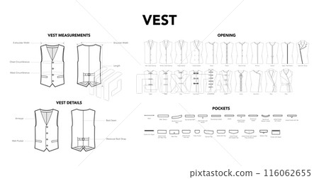 Set of Vest Details diagram with names, Pockets, opening styles technical fashion illustration. Flat apparel template  116062655
