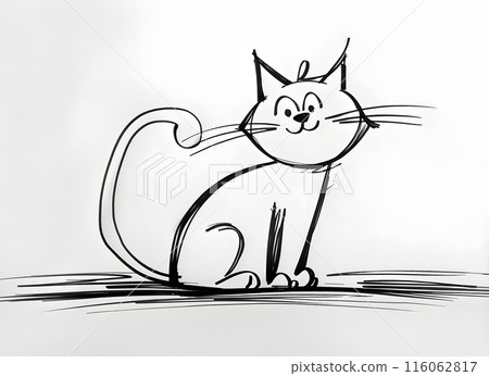 Cartoon cat sitting on ground in black and white drawing Cartoon cat sitting on ground in black and white drawing 116062817