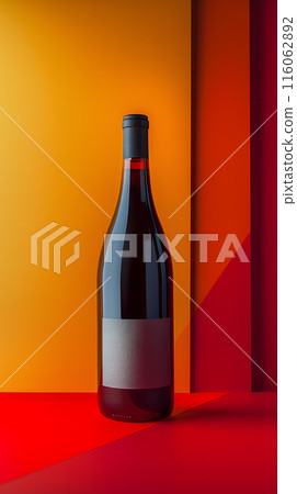 A red wine bottle rests on a crimson table, ready to be poured into a glass 116062892