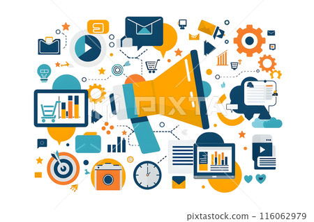 a colorful illustration of a megaphone surrounded by various icons 116062979
