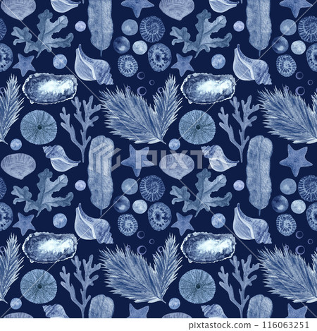 Starfish, seaweed, bubbles, pearls, shell blue monochromatic watercolor seamless pattern on dark blue background. Hand-drawn illustration for cards, restaurant menu, textile, tourism, tape, room decor Starfish, seaweed, bubbles, pearls, shell blue monochromatic watercolor seamless pattern on dark blue background. Hand-drawn illustration for cards, restaurant menu, textile, tourism, tape, room decor 116063251