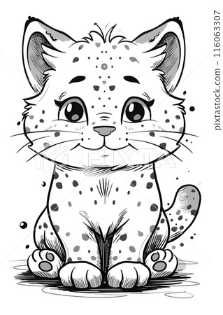 a black and white drawing of a leopard kitten sitting down a black and white drawing of a leopard kitten sitting down 116063307