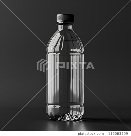 Clear plastic water bottle with black cap on black background 116063309