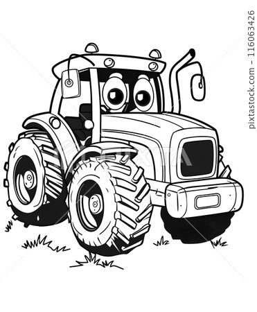 Cartoon tractor with large tires in black and white drawing Cartoon tractor with large tires in black and white drawing 116063426