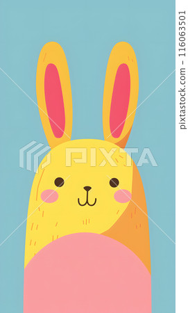 Yellow rabbit with pink ears, nose, on blue background, cute cartoon toy 116063501