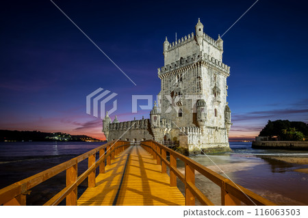 Belem Tower on the bank of the Tagus River in twilight. Lisbon, Portugal 116063503