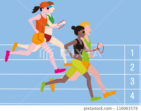 This is an illustration of a visually impaired person running a marathon. A guide runner is running alongside him. 116063578