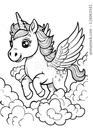 A mythical creature, a unicorn with wings, is happily flying through the clouds 116063581