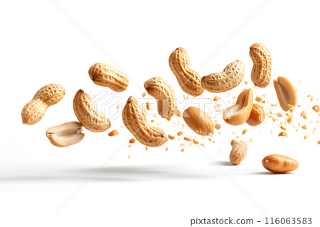 Nuts seeds peanuts falling on white background, a staple food ingredient 116063583