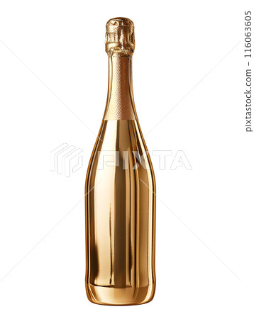 Brown glass bottle with gold bottle stopper on a white background 116063605