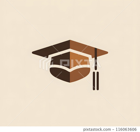 A brown graduation cap with a tassel featuring a logo on a beige background 116063606