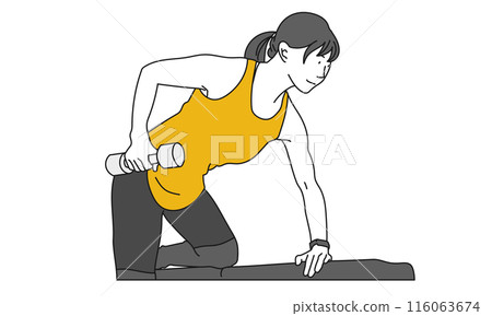 女人用啞鈴單手划船的簡單圖解 116063674