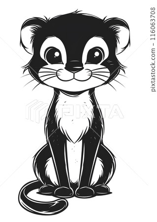 Cartoon art of cat with whiskers, sitting down, white background 116063708