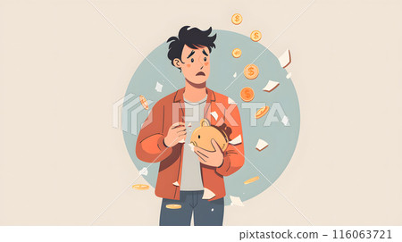 a man is holding a piggy bank with coins falling around him 116063721