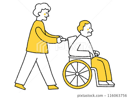 Son pushing his father's wheelchair Son pushing his father's wheelchair 116063756