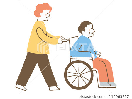 Son pushing his father's wheelchair_color Son pushing his father's wheelchair_color 116063757