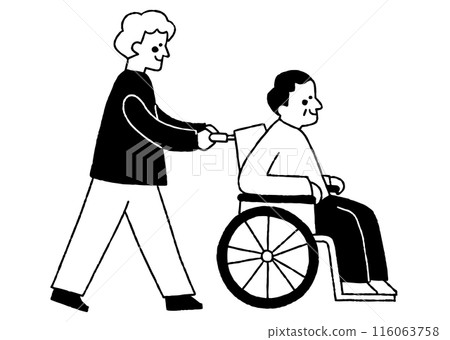 Son pushing his father's wheelchair_2 Son pushing his father's wheelchair_2 116063758