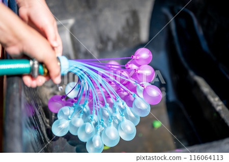 Rapid filling self sealing water balloons being inflated with a hose. 116064113
