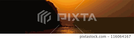 A duotone banner background of a black island, golden sky and calm sea surface (illustration-style and color-processed image) A duotone banner background of a black island, golden sky and calm sea surface (illustration-style and color-processed image) 116064167