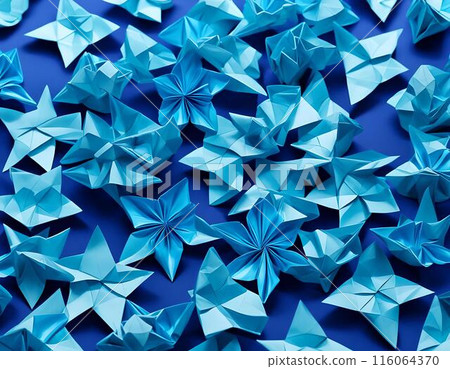 Group of Blue Origami Stars on Blue Background. Generative AI 116064370