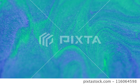 Acrylic paint drip. Liquid glitter texture. Blur green blue color shiny metallic sequin particles gloss fluid mix ink emulsion spill abstract art background. 116064598