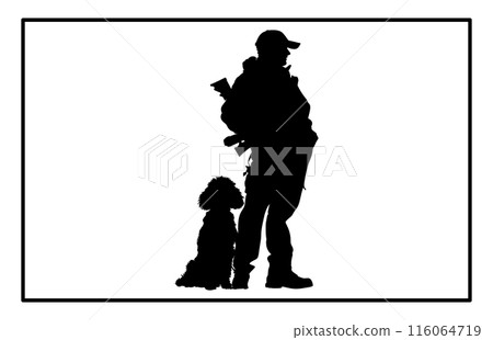 Hunter with Poodle Silhouette , Silhouette of a Hunter and Dog 116064719