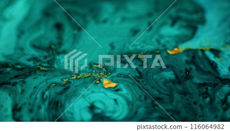 Ink spill. Glitter fluid mix. Defocused cyan blue green black golden color glowing sparkling marble texture acrylic wave abstract art background. 116064982