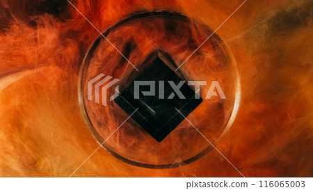 Glitter smoke wave. Ink water drop. Defocused orange red color vapor floating round glass cube geometric abstract art background. 116065003
