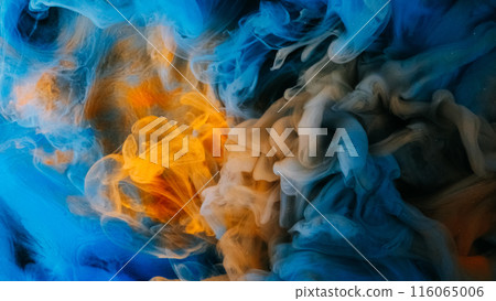 Paint water splash. Vapor cloud. Defocused blue yellow color shimmering particles explosion smoke floating abstract art background. 116065006