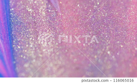 Shiny paint drip. Glitter fluid texture. Defocused pink purple color sparkle particles wet glow ink liquid gloss spill wave abstract art background with bokeh lights. 116065016