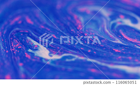Glitter ink flow. Acrylic fluid. Defocused blue white pink color sparkling grain particles pigment swirl paint emulsion liquid mix wave abstract art background. Glitter ink flow. Acrylic fluid. Defocused blue white pink color sparkling grain particles pigment swirl paint emulsion liquid mix wave abstract art background. 116065051