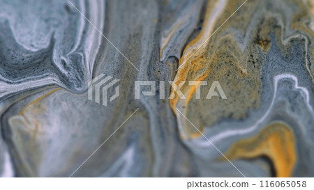Glitter fluid flow. Paint mix wave. Defocused white gray golden color shimmering metallic sand sparkle particles marble texture liquid ink spill abstract art background. Glitter fluid flow. Paint mix wave. Defocused white gray golden color shimmering metallic sand sparkle particles marble texture liquid ink spill abstract art background. 116065058