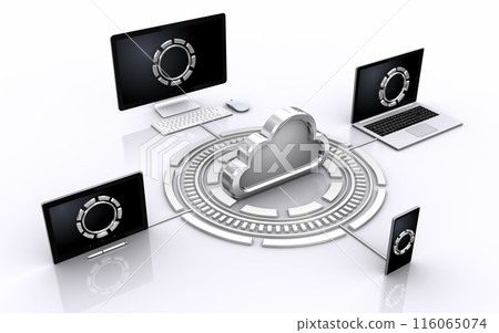Cloud icon and computer devices connected via a network, cloud service concept image 116065074