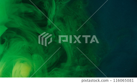 Ink water drop. Toxic fume. Defocused green blue color sparkling particles texture mist wave flow magic abstract art background. 116065081