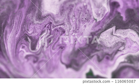 Acrylic fluid wave. Sparkling ink. Defocused purple gray white color shiny grain pigment particles paint swirl emulsion liquid flow abstract art background. Acrylic fluid wave. Sparkling ink. Defocused purple gray white color shiny grain pigment particles paint swirl emulsion liquid flow abstract art background. 116065087