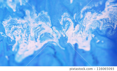 Ink swirl. Glitter fluid wave. Defocused blue white color sparkling sand particles paint splash pigment mix acrylic dye liquid spill abstract art background. 116065093