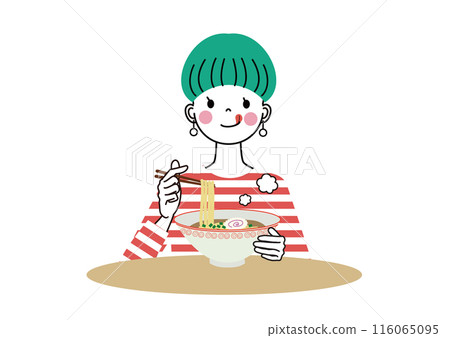 一位年輕女子微笑著吃著美味的拉麵 116065095