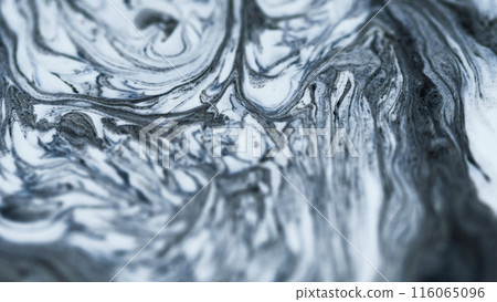 Ink swirl. Acrylic fluid wave. Defocused white black gray dust grain particles paint emulsion leak cascade layers flow abstract art background. 116065096