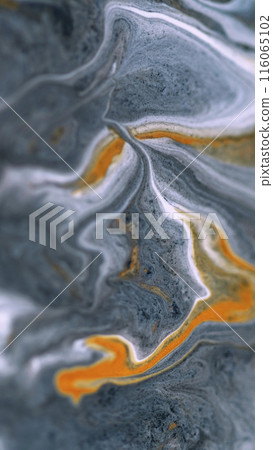 Sparkling ink wave. Marble texture. Defocused white gray orange color golden metallic glitter particles paint swirl acrylic fluid spill abstract art background. 116065102