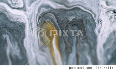 Acrylic paint spill. Marble ink texture. Defocused white gray color golden sand particles pigment powder emulsion fluid mix swirl flow abstract art background. 116065113