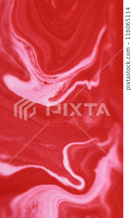 Acrylic liquid spill. Marble paint texture. Defocused red white color pigment dust particles dye fluid emulsion mix ink wave abstract art background. Acrylic liquid spill. Marble paint texture. Defocused red white color pigment dust particles dye fluid emulsion mix ink wave abstract art background. 116065114