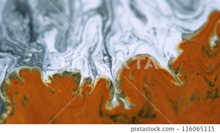 Shiny ink splash. Marble paint texture. Defocused white gray orange color metallic glitter particles pigment emulsion fluid blend wave abstract art background. 116065115