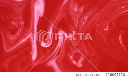 Ink fluid wave. Marble paint texture. Defocused red white color pigment dust particles acrylic dye spill emulsion liquid mix flow abstract art background. 116065130