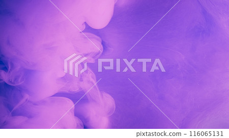 Neon smoke cloud. Ink water splash. Defocused bright purple pink blue color vapor wave abstract art background with free space. 116065131