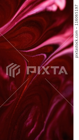Ink spill. Glitter fluid mix. Defocused red pink black color glowing sparkling marble texture acrylic wave dark abstract art background. Ink spill. Glitter fluid mix. Defocused red pink black color glowing sparkling marble texture acrylic wave dark abstract art background. 116065197