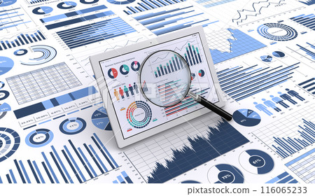 分析和檢查業務數據、用放大鏡檢查顯示數據的平板電腦的圖像 116065233