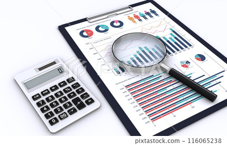Clipboard and calculator with magnifying glass, business strategy discussion Clipboard and calculator with magnifying glass, business strategy discussion 116065238