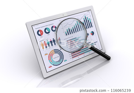 Image of business strategy discussion, examining a tablet with data displayed in detail through a magnifying glass 116065239