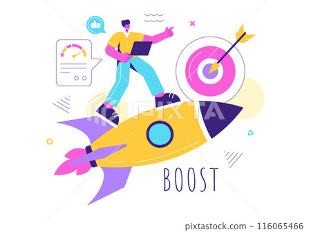 Business Boost Vector Illustration with a Digital Marketing Rocket, Company Career Success in Development and Profit Increase on a Flat Background 116065466